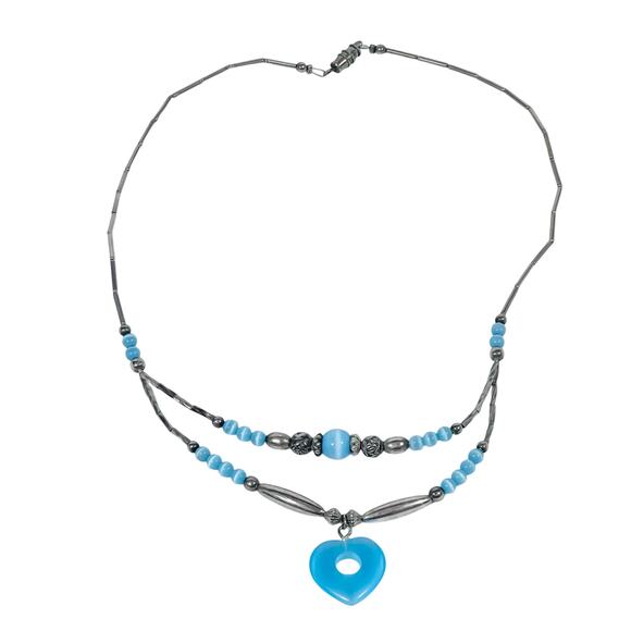 Vintage Beaded Black Blue Open Heart Pendant Necklace Jewelry Metal 7" - Picture 2 of 5